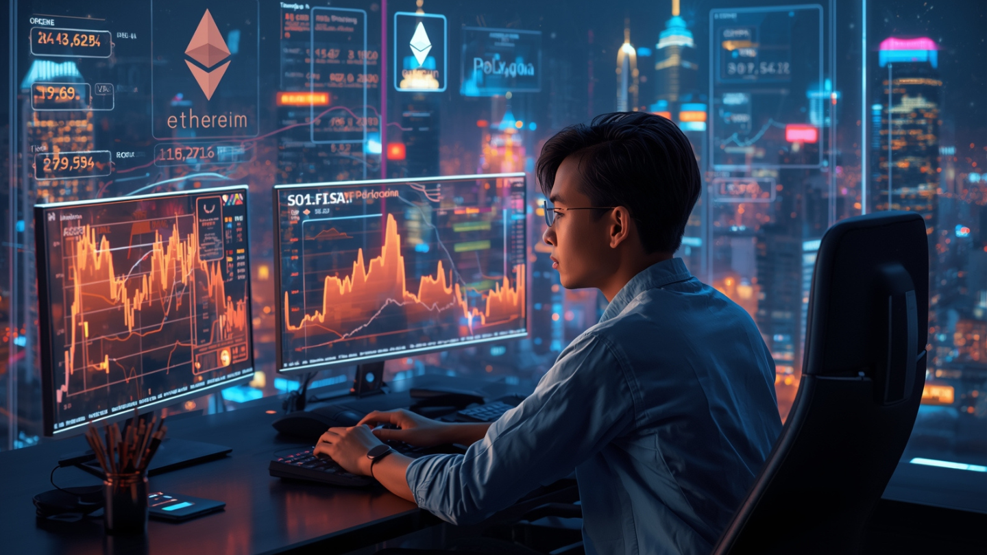 Investor altcoin Indonesia memantau grafik hologram altcoin Ethereum, Solana, dan Polygon di dunia digital futuristik.