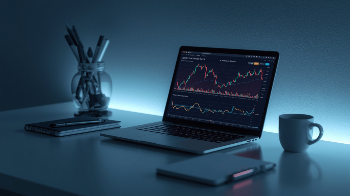 Meja kerja modern dengan laptop menampilkan grafik Bitcoin dan Ethereum, lengkap dengan catatan dan kopi.
