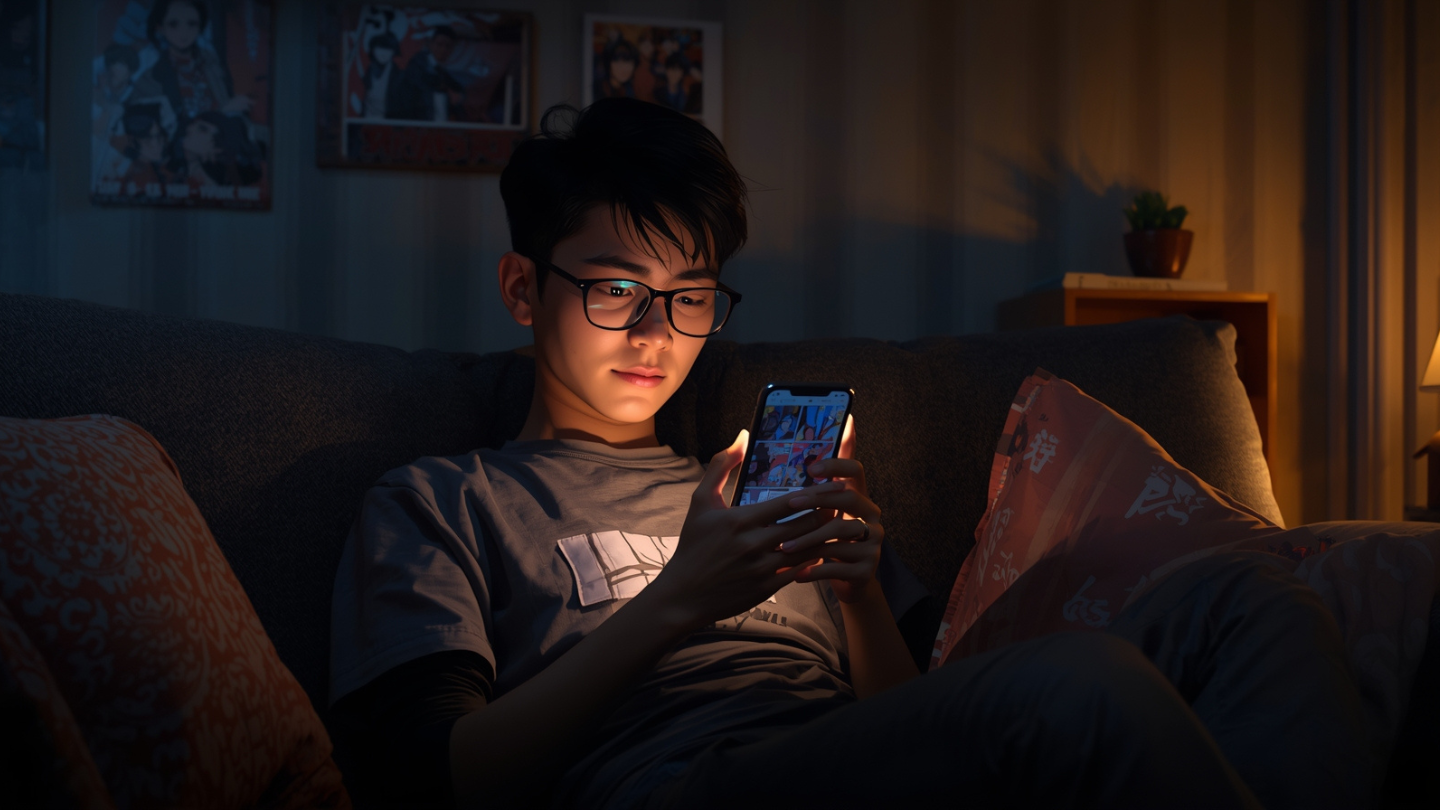 Pembaca komik Indonesia sedang membaca komik digital di ponsel dengan latar ruangan hangat dan rak buku di belakangnya.