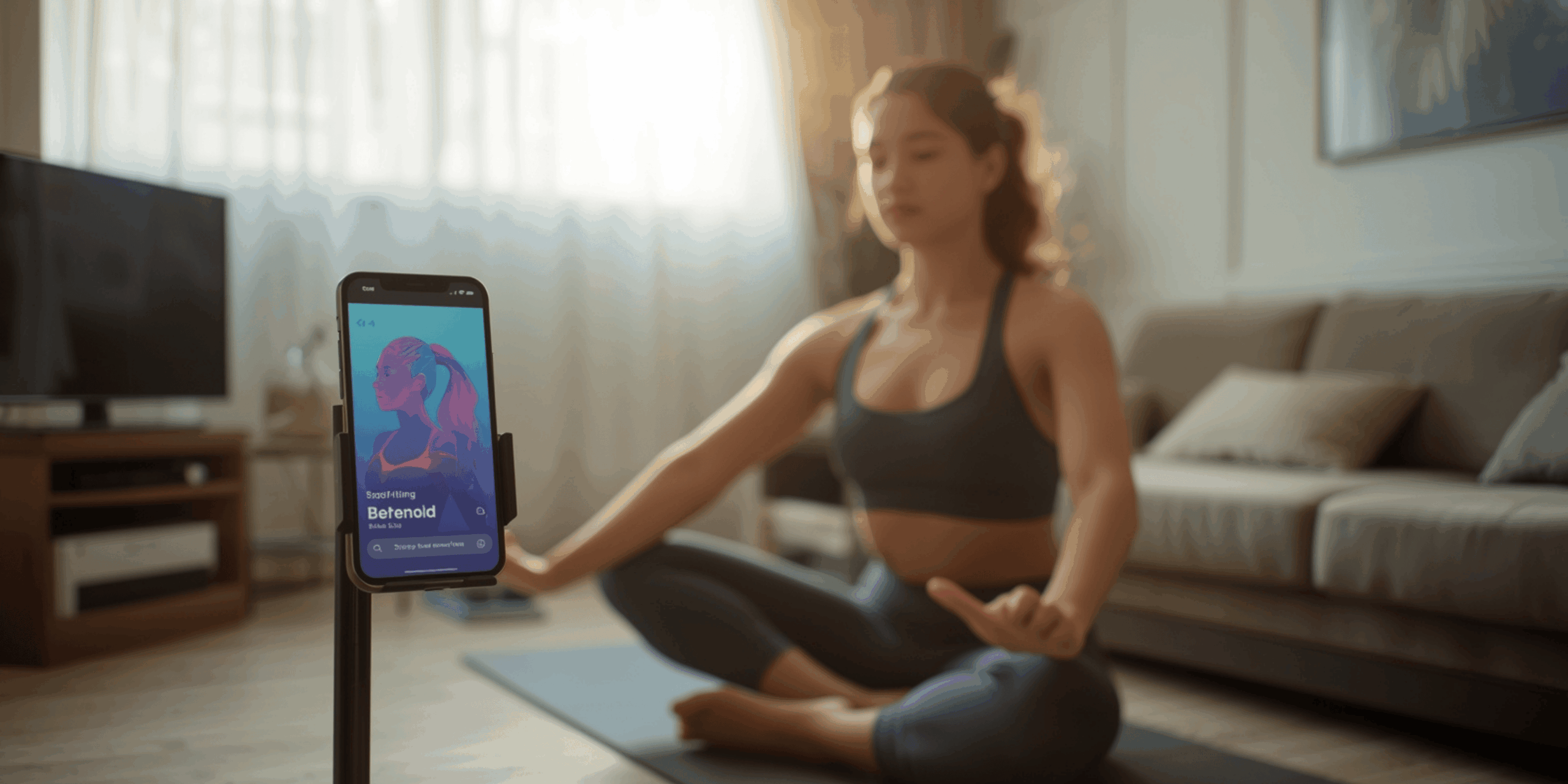 Perempuan berolahraga di ruang tamu menggunakan aplikasi olahraga di ponsel dengan suasana rumah modern minimalis.