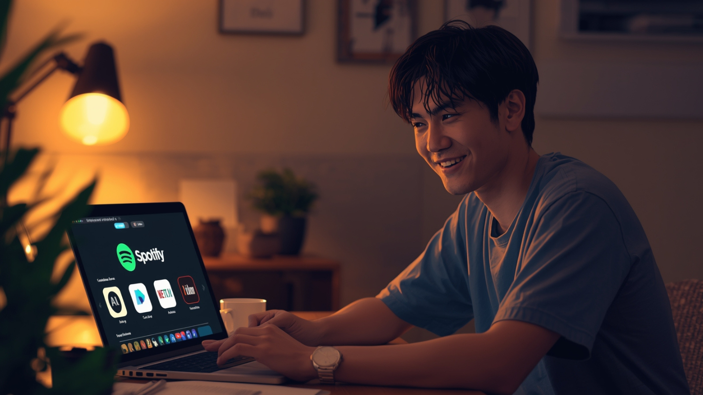 Orang muda Indonesia sedang duduk santai di depan laptop dengan aplikasi premium seperti Spotify, Canva, dan Netflix terbuka di layar.