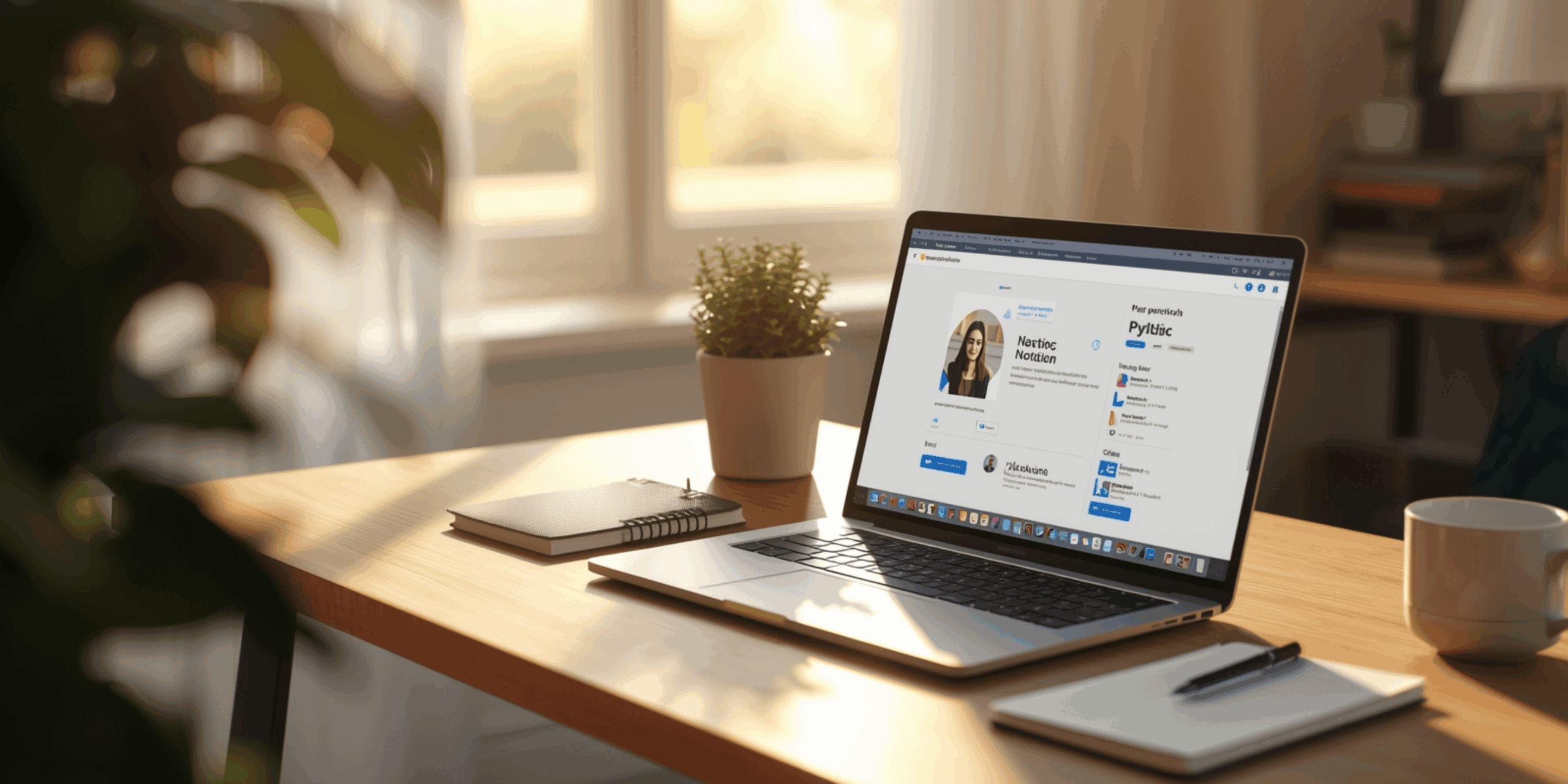 Meja kerja minimalis dengan laptop menampilkan aplikasi Notion dan secangkir kopi di sampingnya.