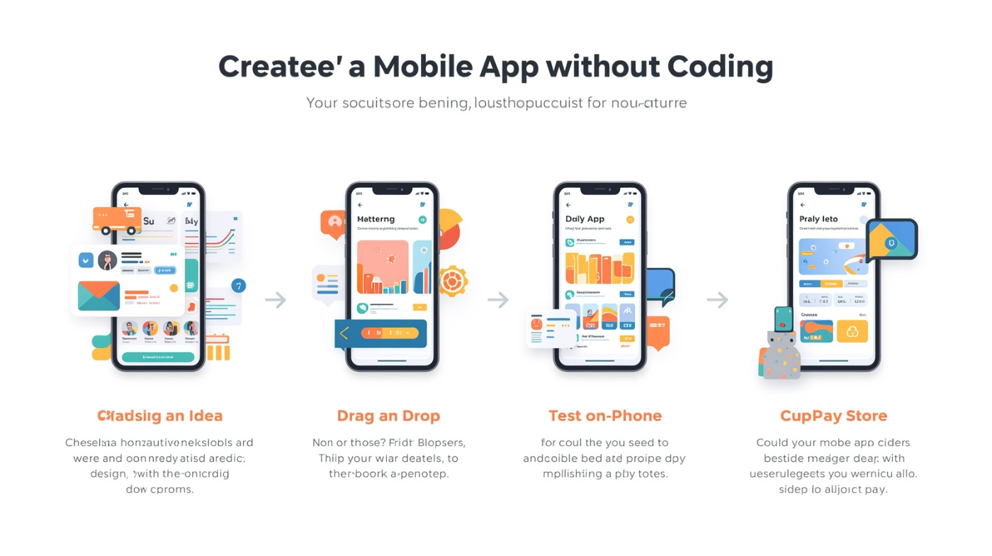 Infografis langkah-langkah membuat aplikasi Android tanpa coding dengan ilustrasi modern dan berwarna.
