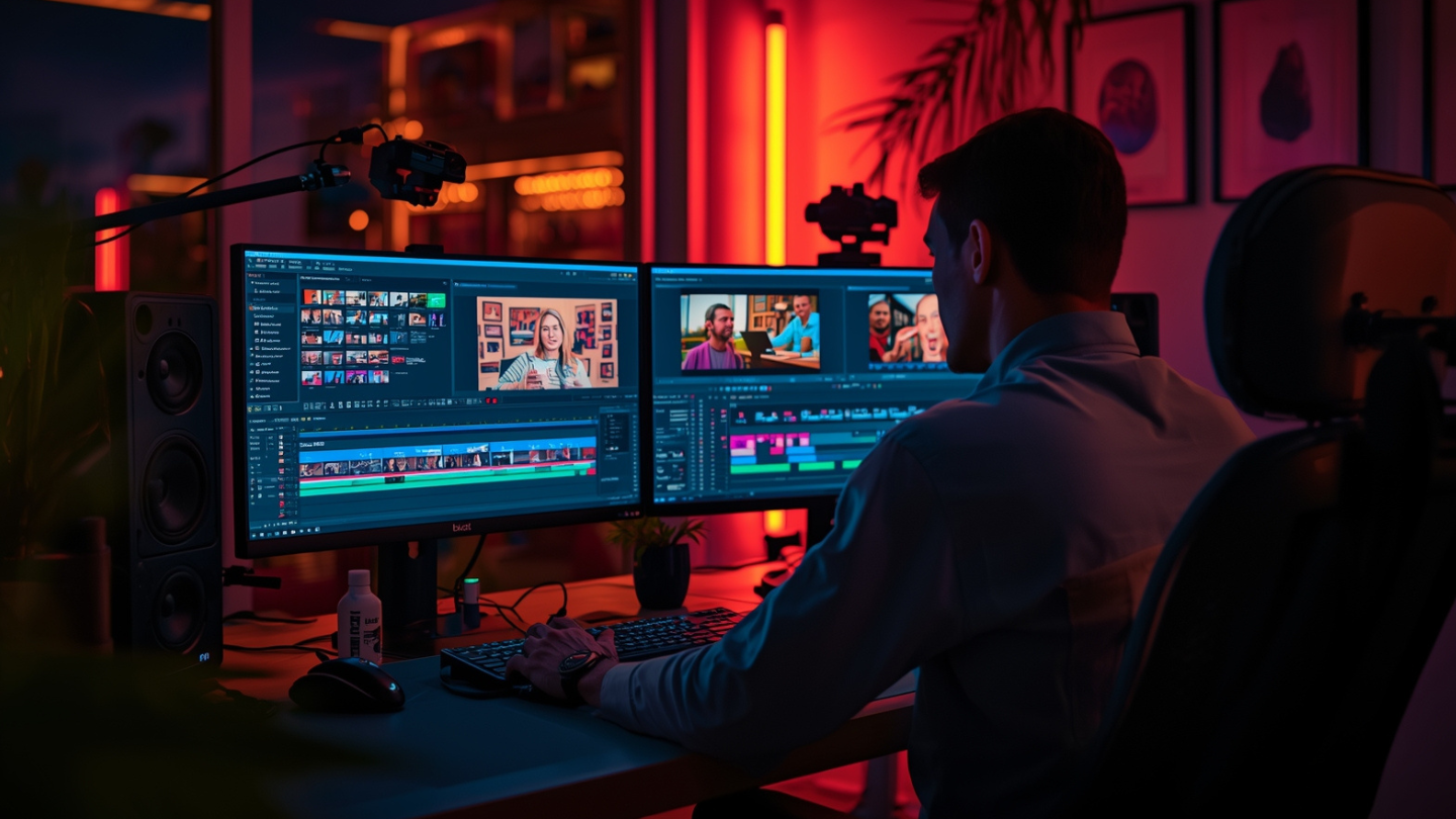 Seorang editor video profesional sedang bekerja di studio modern dengan dua monitor menampilkan timeline editing video berwarna-warni dan efek sinematik.