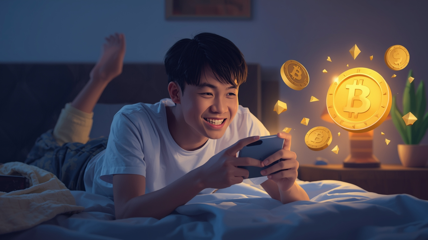 Remaja bermain game penghasil pulsa di smartphone sambil mengumpulkan koin digital.