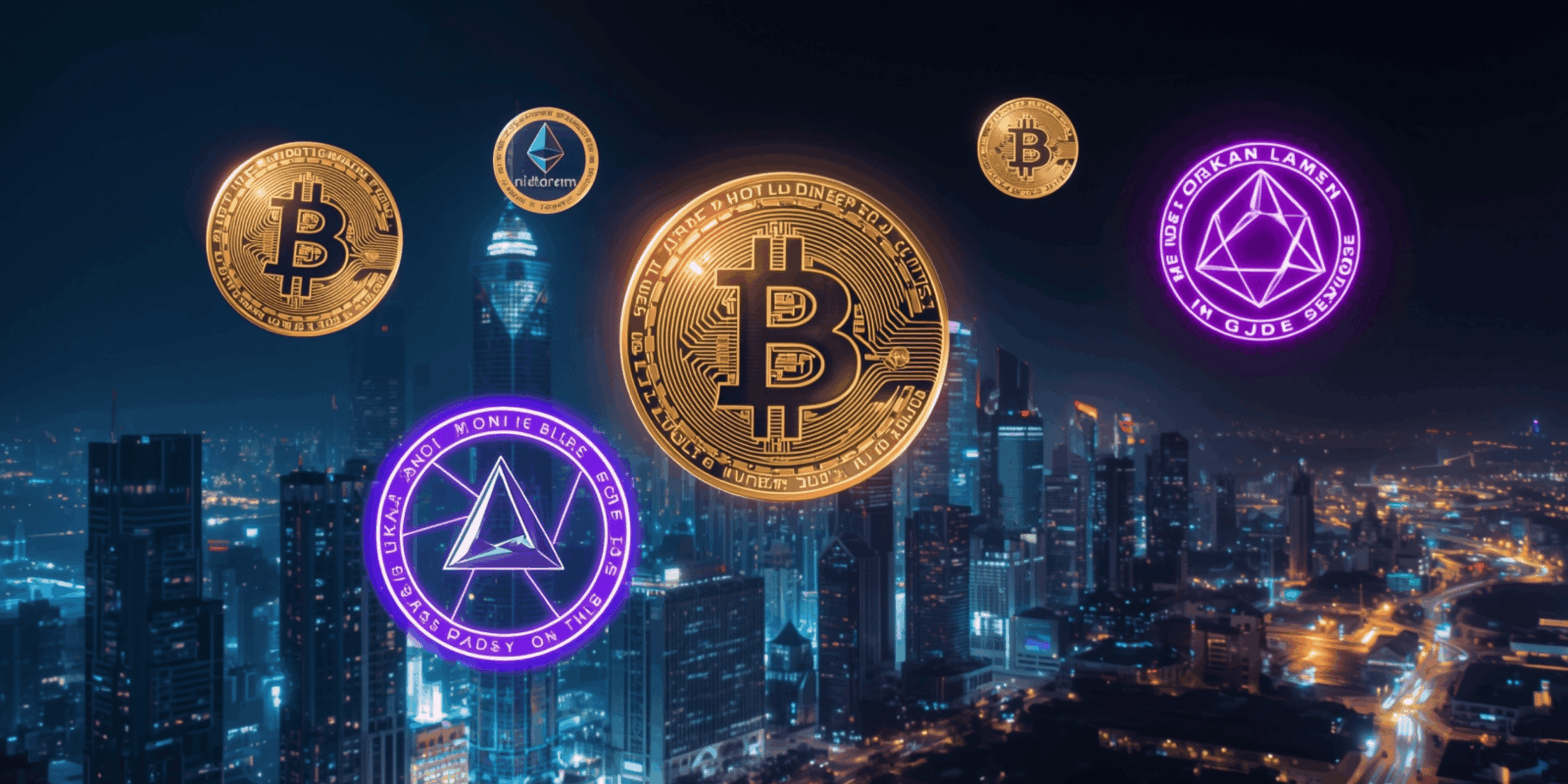 Lima koin kripto potensial — Bitcoin, Ethereum, Solana, Avalanche, dan Polygon — melayang di atas langit kota Jakarta dengan cahaya neon futuristik, menggambarkan pertumbuhan pasar kripto Indonesia tahun 2025.