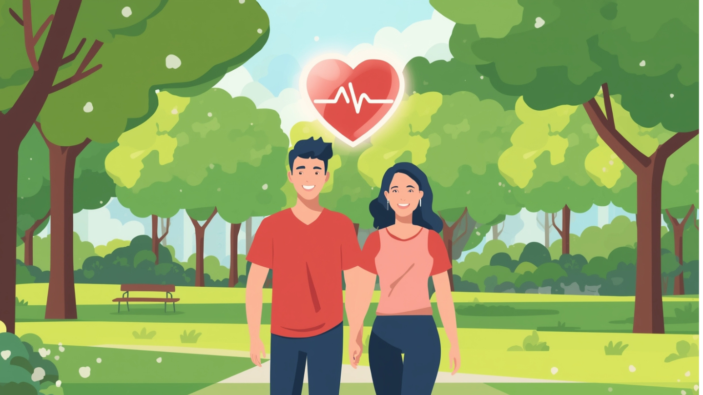 Pasangan berjalan santai di taman untuk menjaga kesehatan jantung