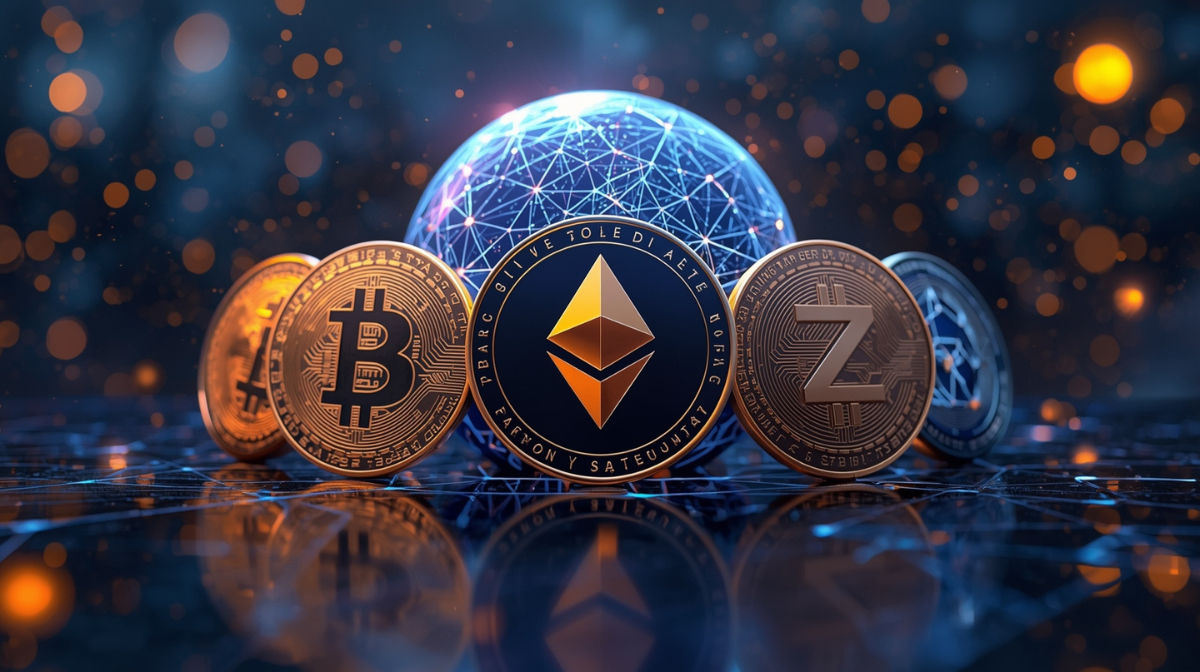 Ilustrasi futuristik lima koin crypto potensial — Bitcoin, Ethereum, Solana, Chainlink, dan Ozak AI — berputar mengelilingi bola dunia digital bercahaya biru, melambangkan pertumbuhan pasar kripto tahun 2025.