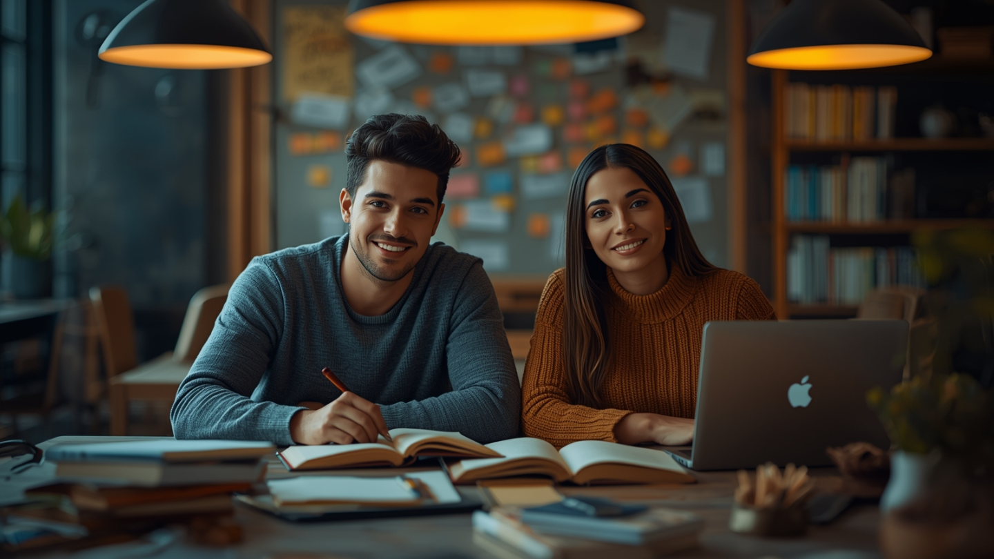 Seorang pria dan wanita sedang belajar di perpustakaan modern dengan suasana hangat, dikelilingi buku dan laptop terbuka, menggambarkan mindset belajar positif.