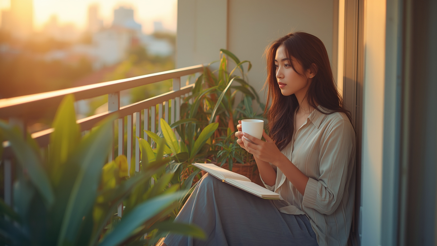 Wanita sedang menikmati pagi dengan secangkir kopi sebagai bentuk self care