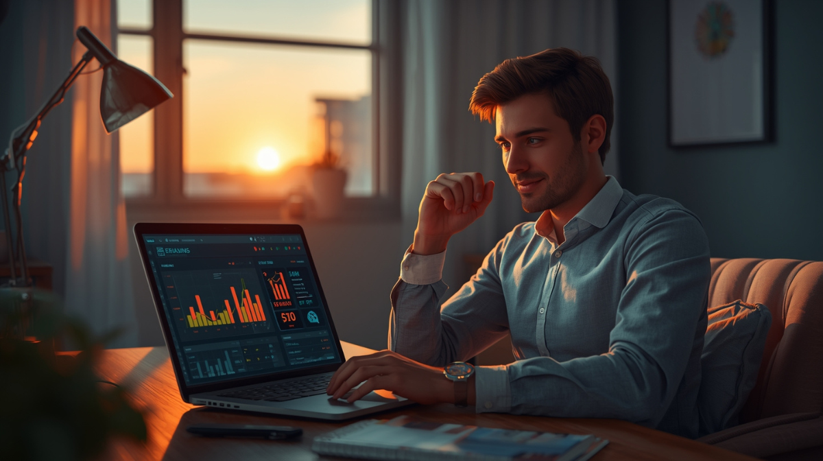 Pria muda profesional duduk di meja kerja dengan laptop menampilkan dashboard staking crypto dan grafik passive income.