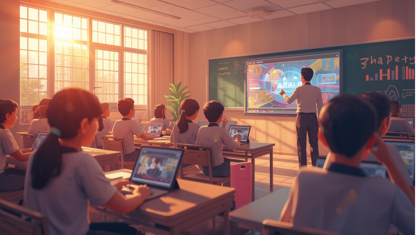 Siswa belajar di kelas digital menggunakan tablet dan papan pintar bersama guru di sekolah modern Indonesia.