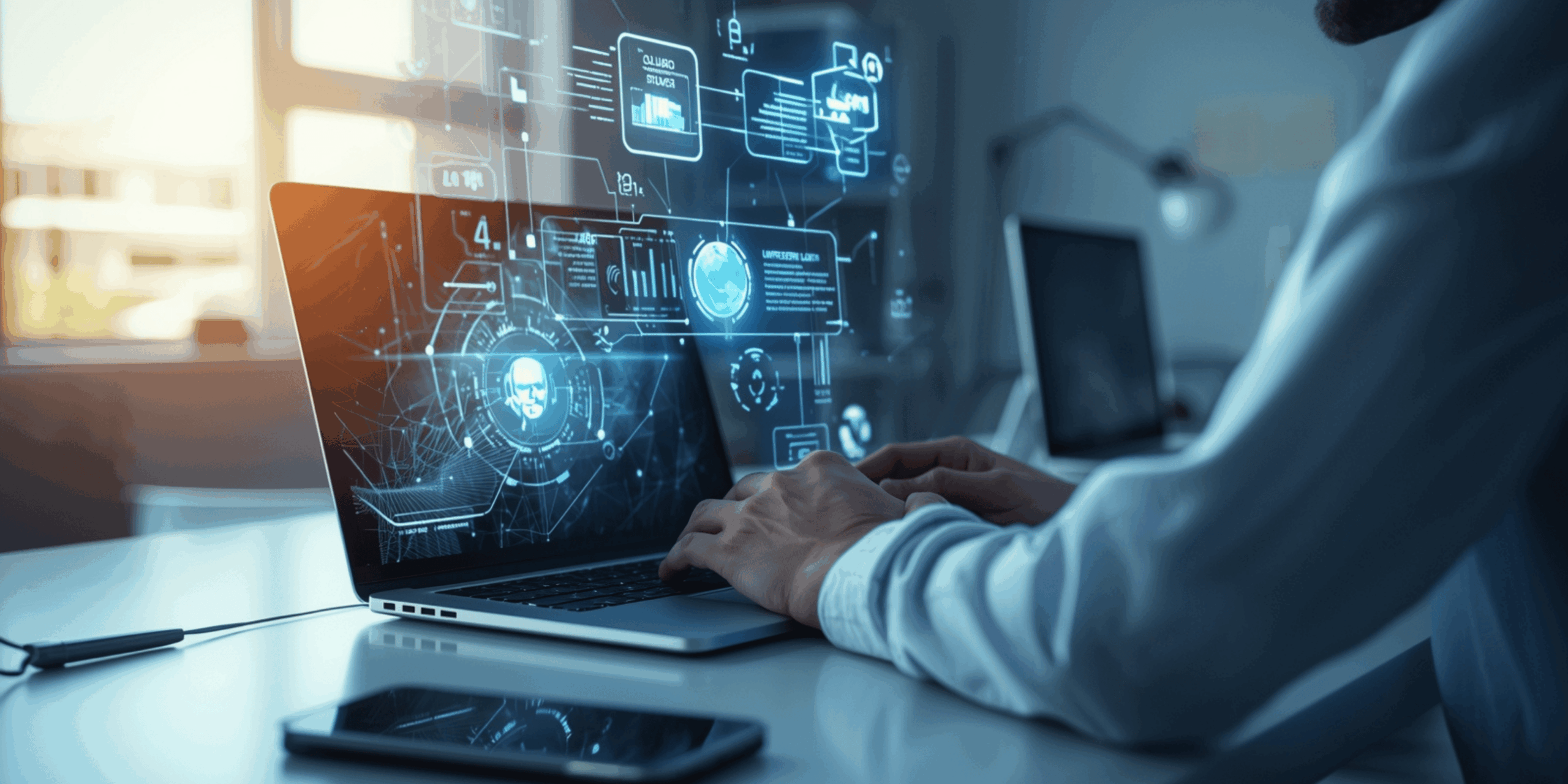 Pengguna sedang memakai aplikasi AI terbaru di laptop dan smartphone dalam setup kerja modern.