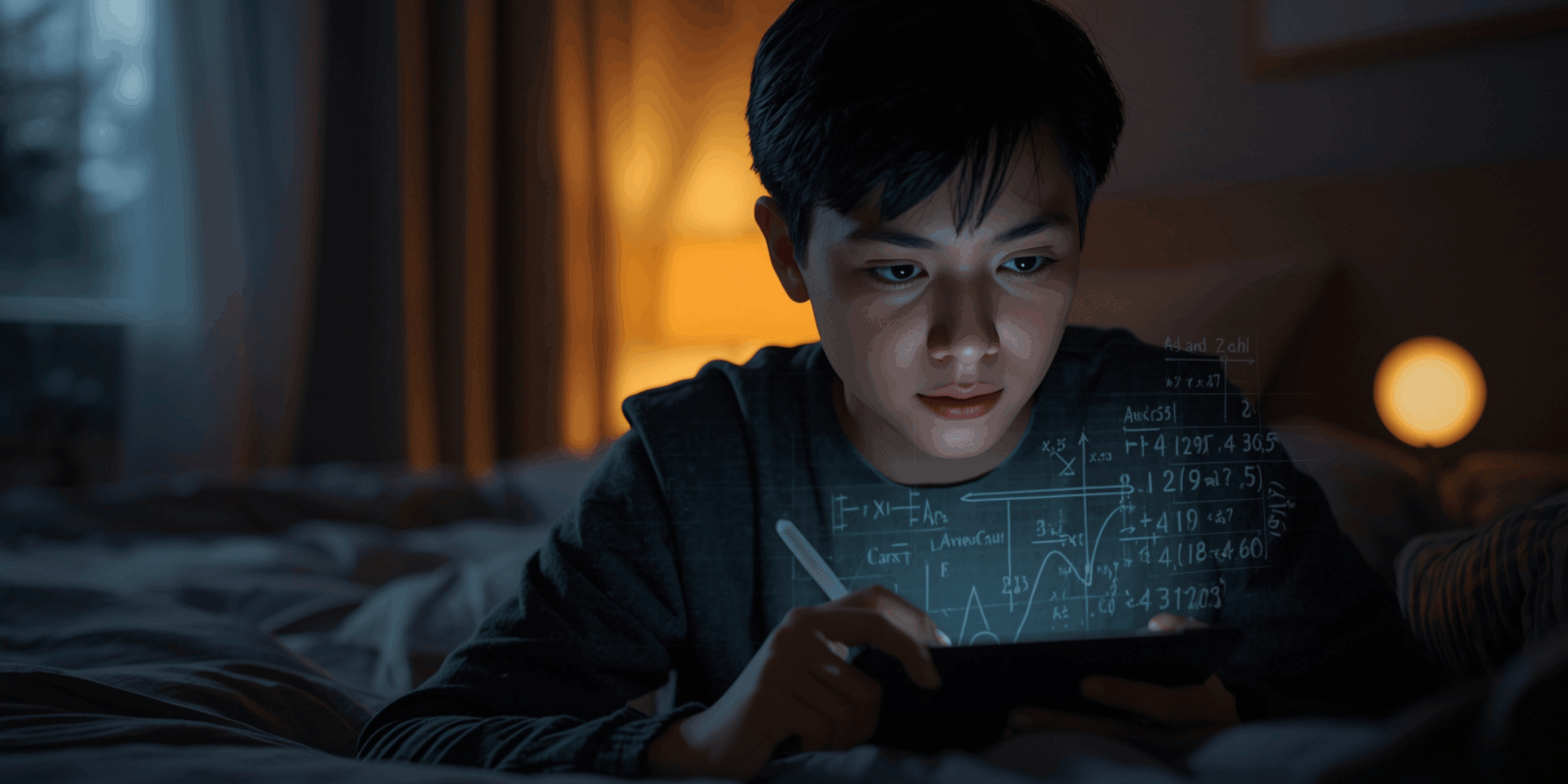 Anak belajar matematika dengan tablet menggunakan aplikasi edukasi.