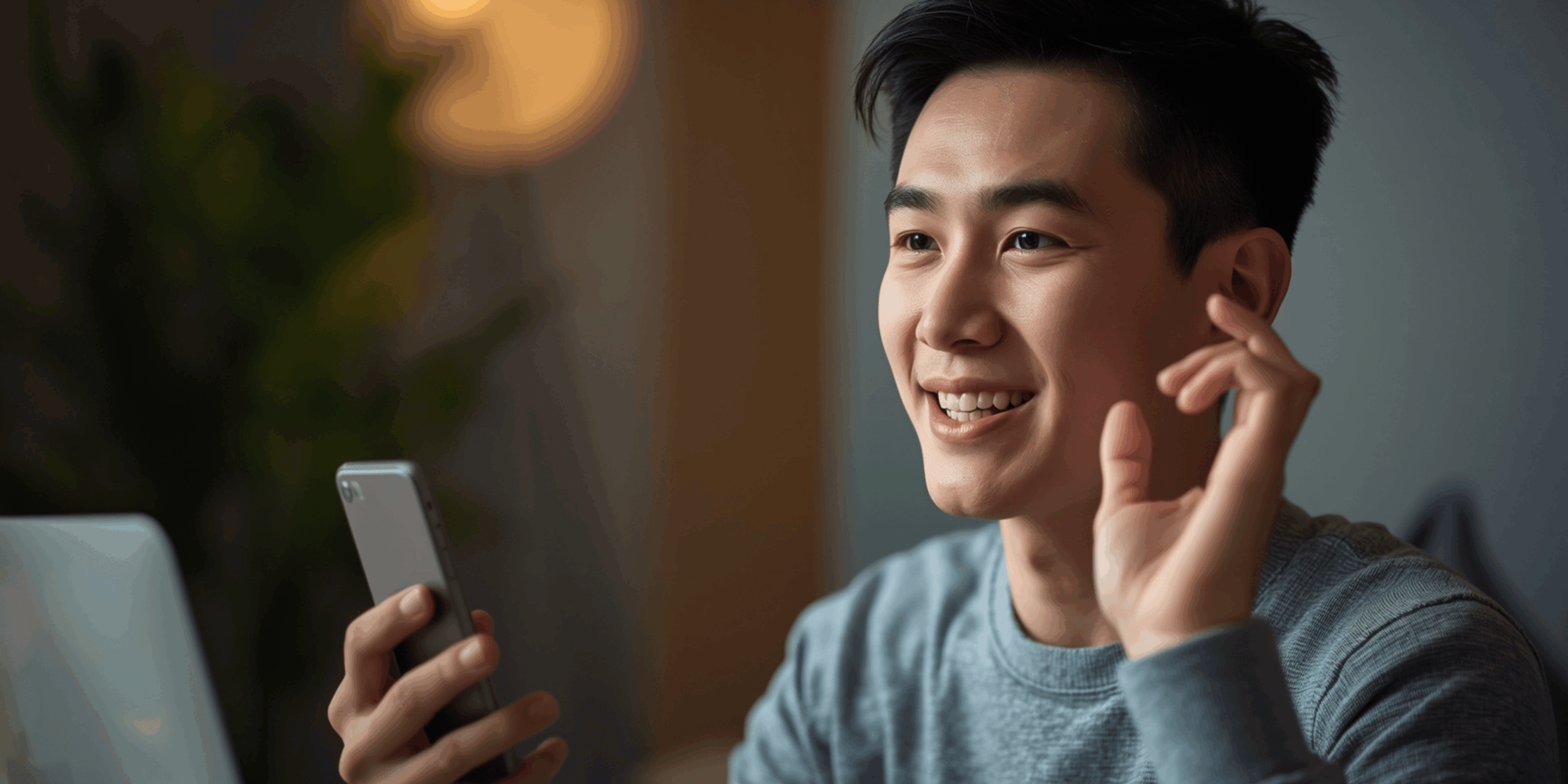 Orang muda Indonesia sedang berlatih public speaking menggunakan aplikasi di smartphone dengan pencahayaan hangat.