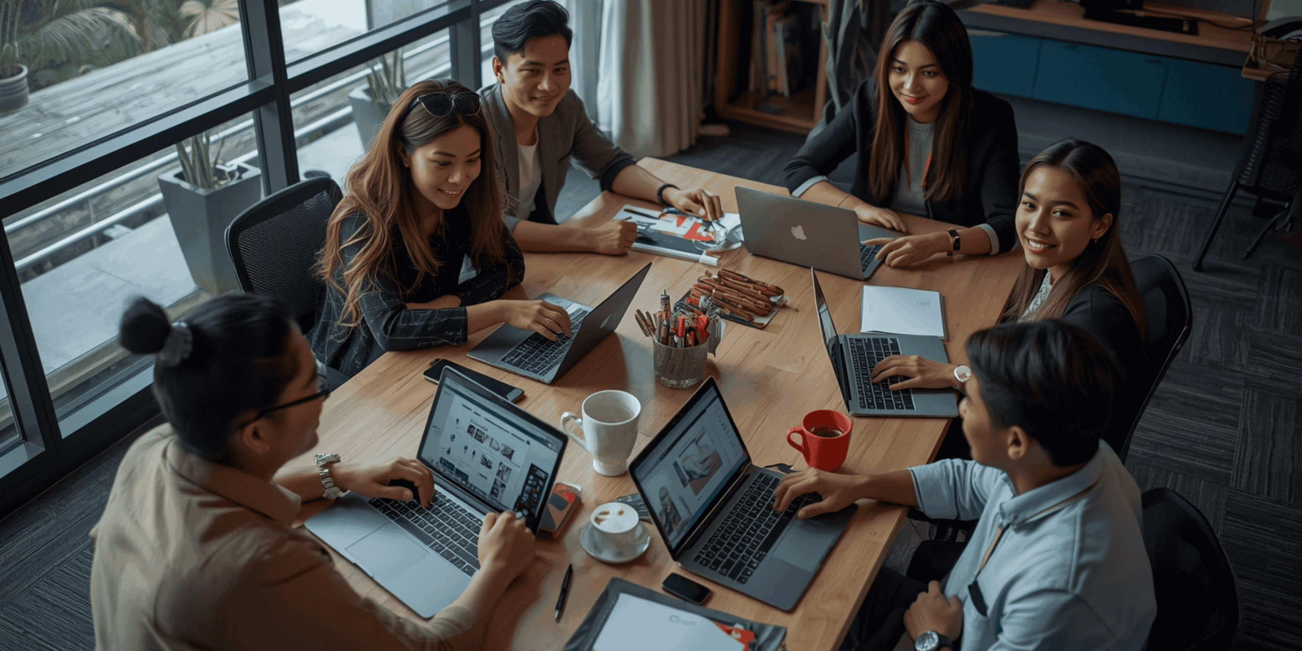 tim mahasiswa berkolaborasi menggunakan aplikasi produktivitas digital di ruang kerja modern