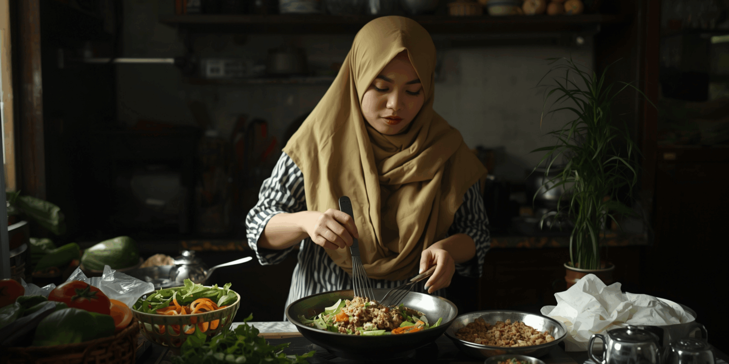 wanita menyiapkan salad plant-based musiman di dapur tropis