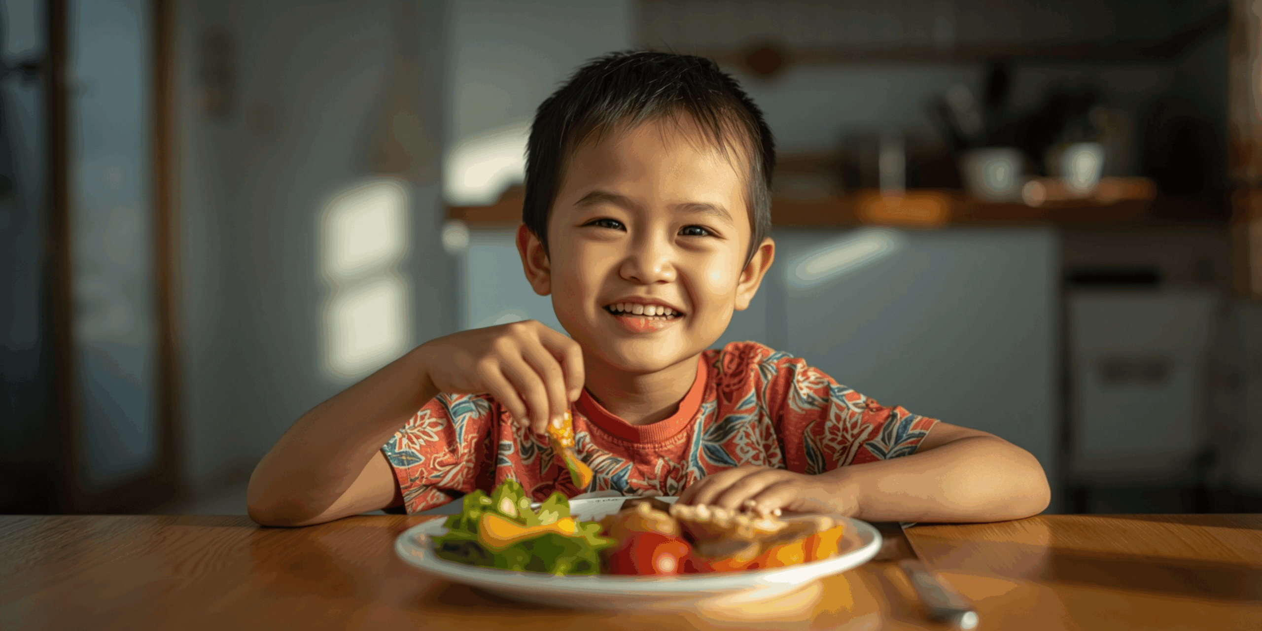 Anak Indonesia sedang menikmati sarapan sehat dengan piring berwarna dan pencahayaan alami.