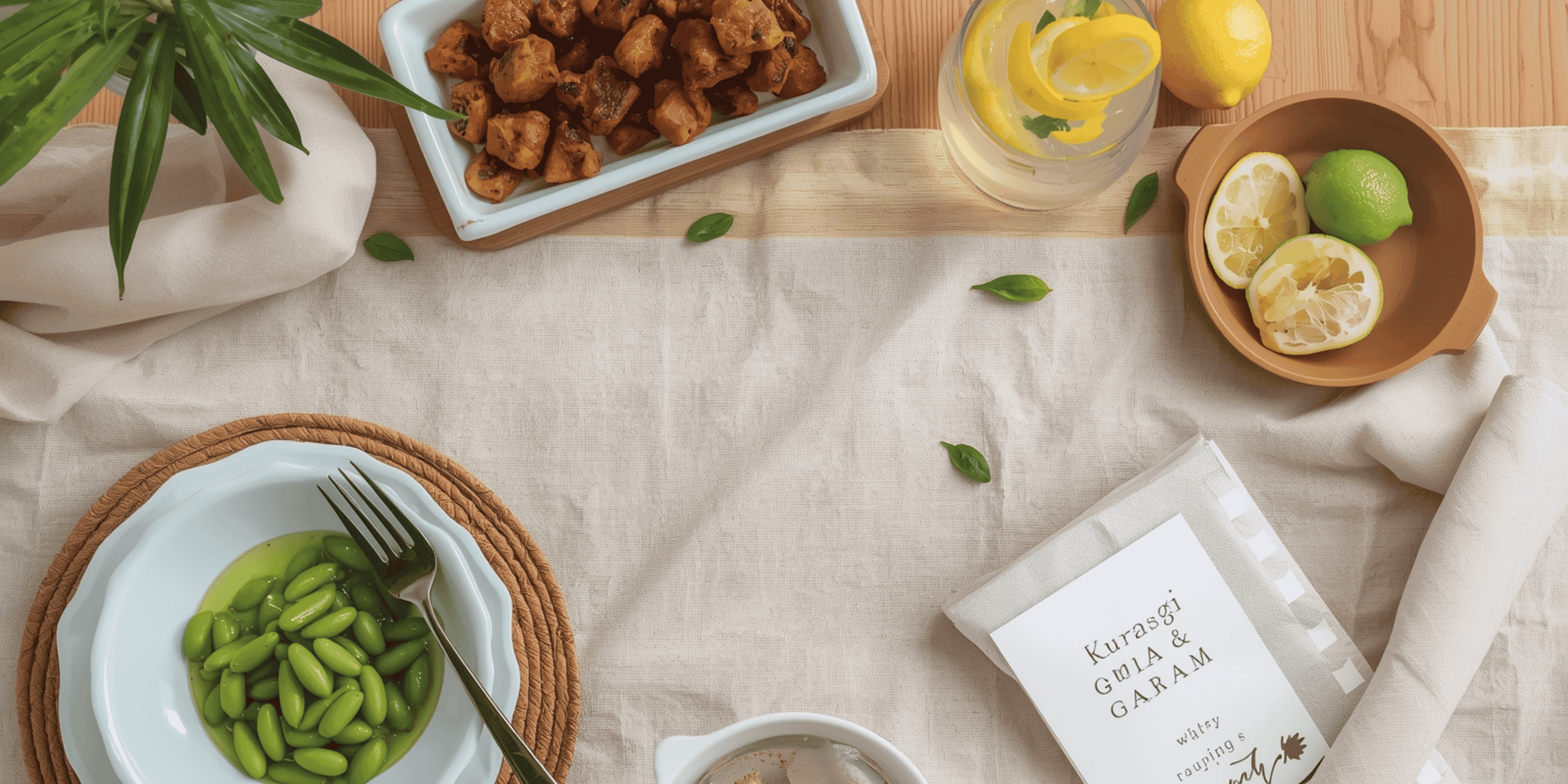 makanan sehat rendah garam dan gula, piring warna cerah, gaya flat lay