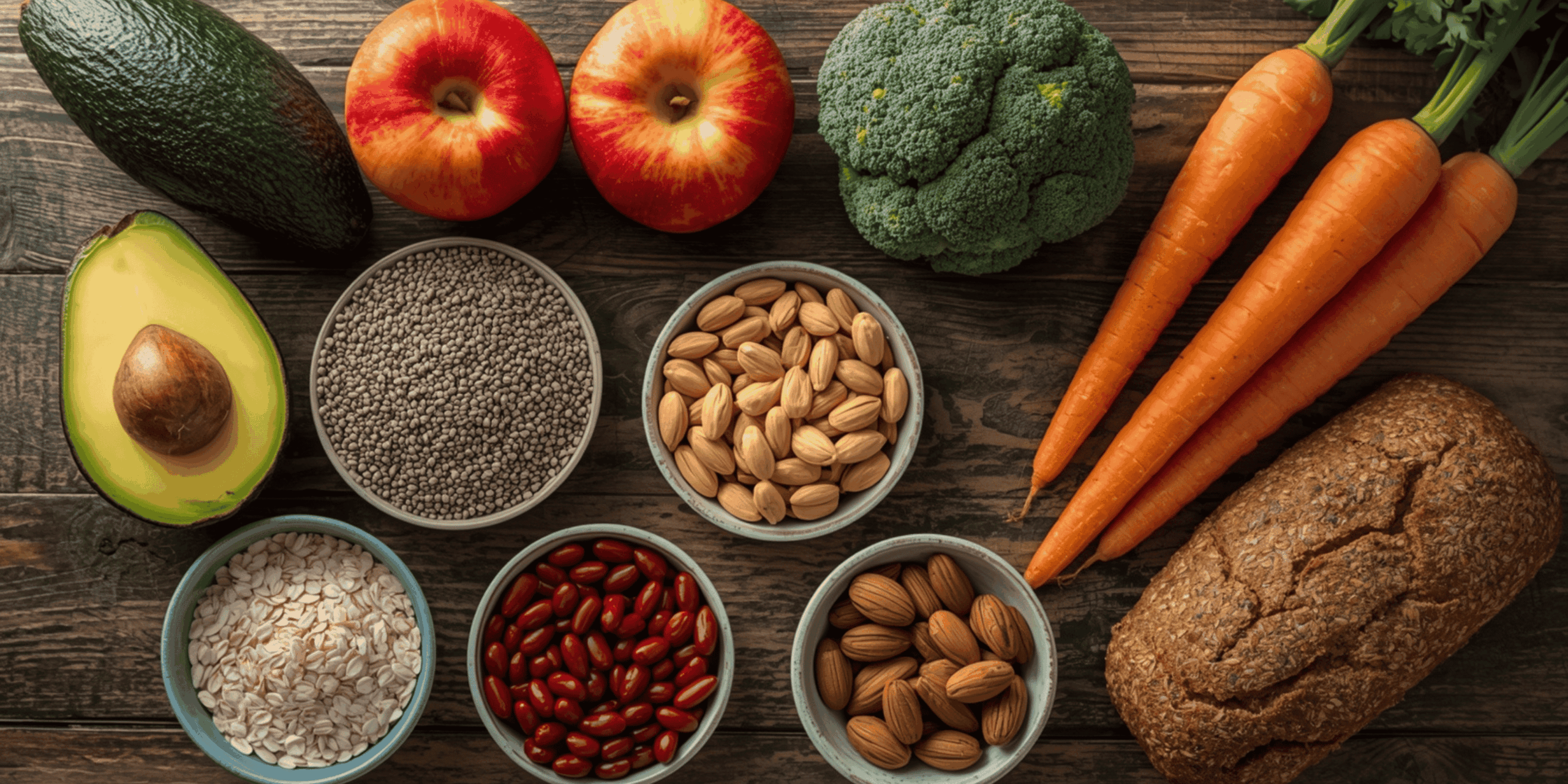 Makanan tinggi serat tersusun rapi di atas meja kayu dengan pencahayaan alami.