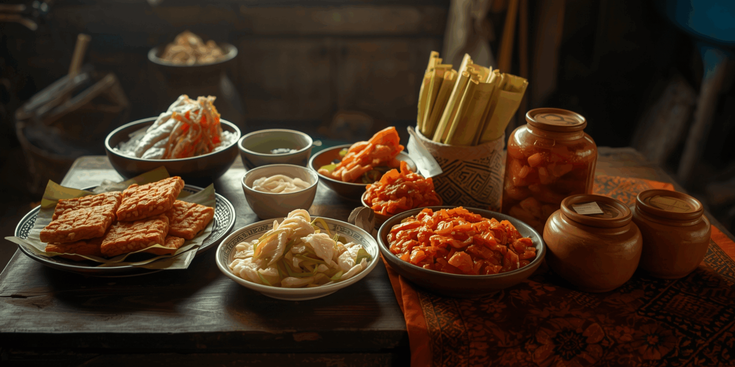 Makanan fermentasi Indonesia tradisional tersaji di meja kayu dengan pencahayaan alami.