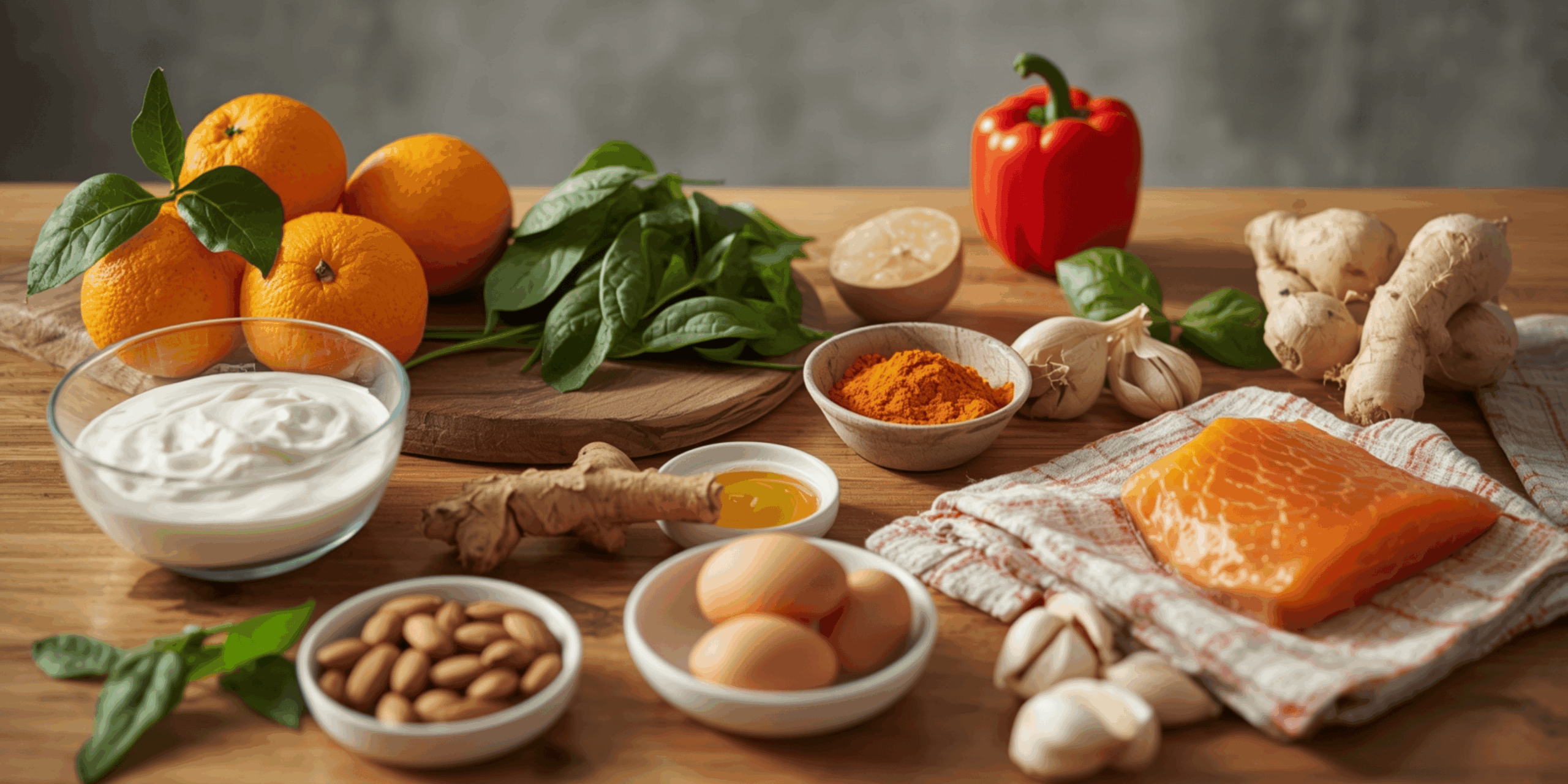 Makanan penambah daya tahan tubuh seperti jeruk, paprika, salmon, bayam, dan almond di atas meja kayu.