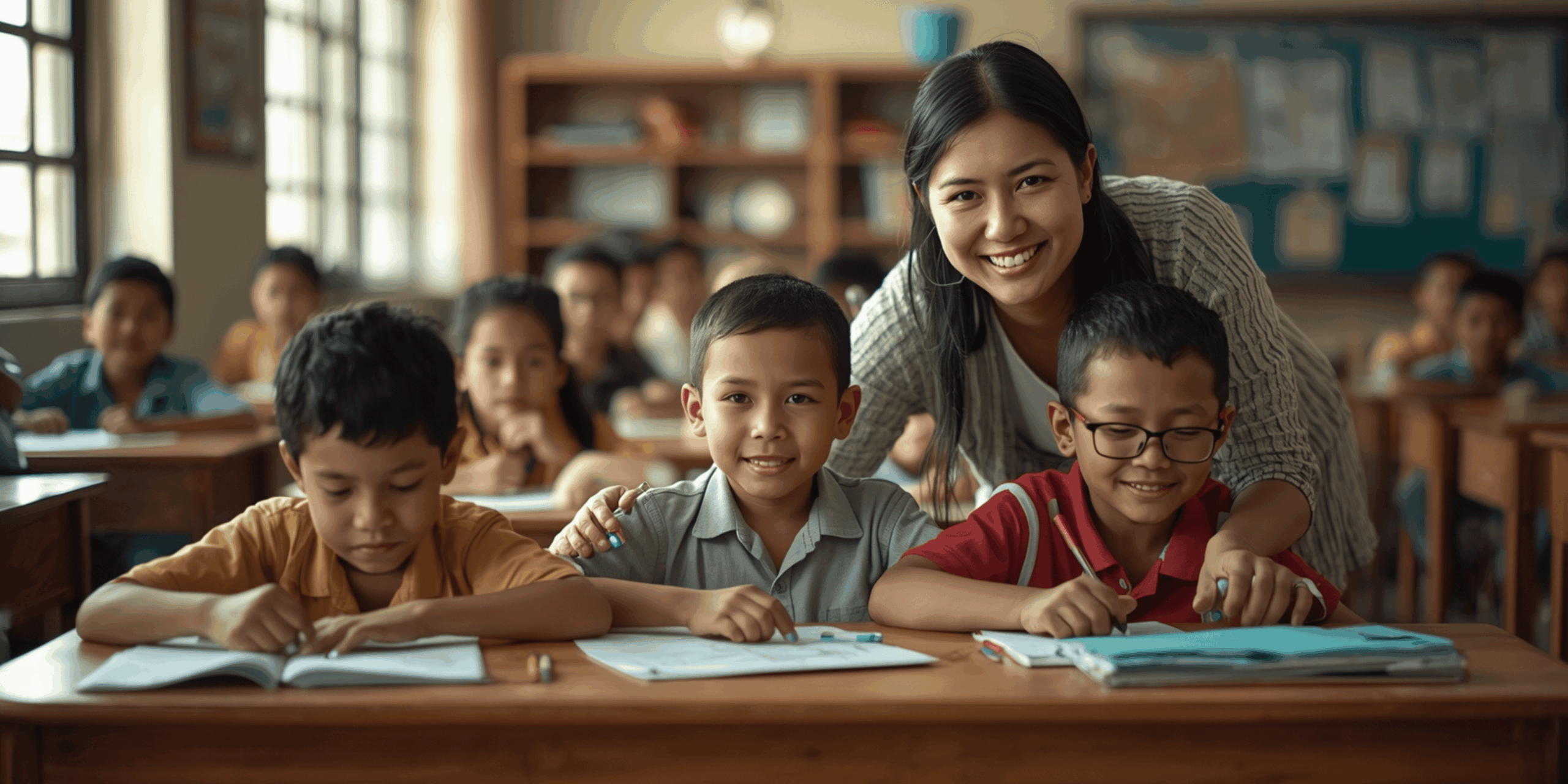 Kelas inklusif modern dengan siswa beragam kemampuan di Indonesia.