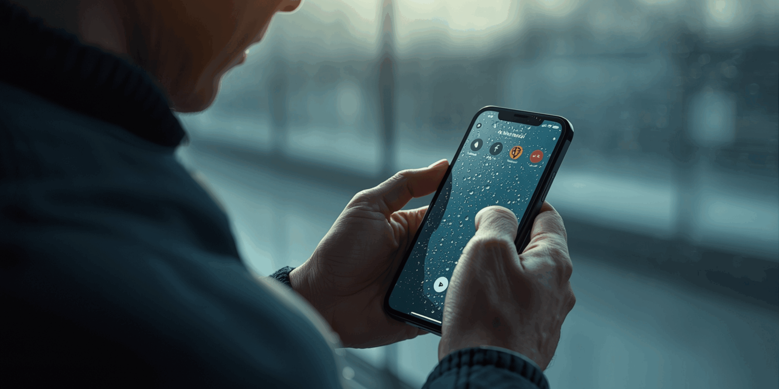 Orang memeriksa aplikasi cuaca akurat di ponsel saat pagi mendung