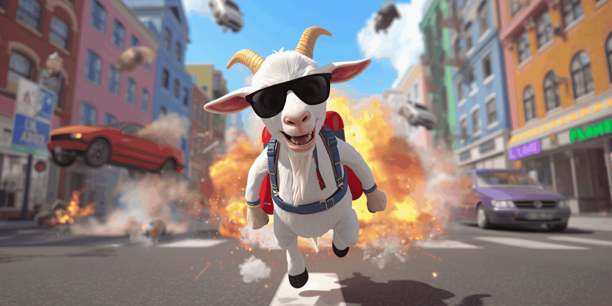 Kambing lucu memakai jetpack membuat kekacauan di kota dari game Goat Simulator 3.