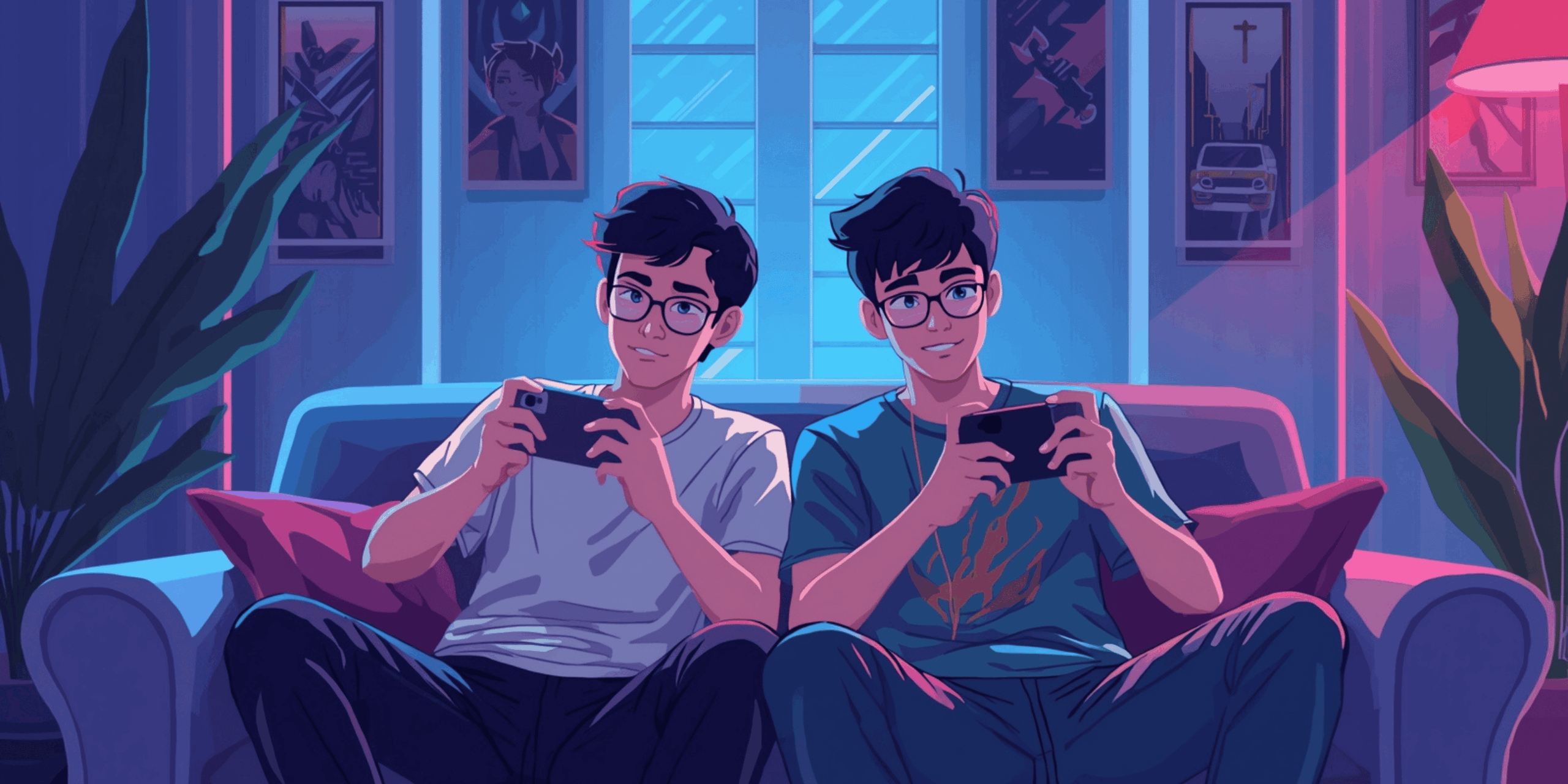 Dua pemain game mobile sedang bermain bersama menggunakan Android dan iPhone di ruang tamu futuristik dengan cahaya neon biru dan ungu.