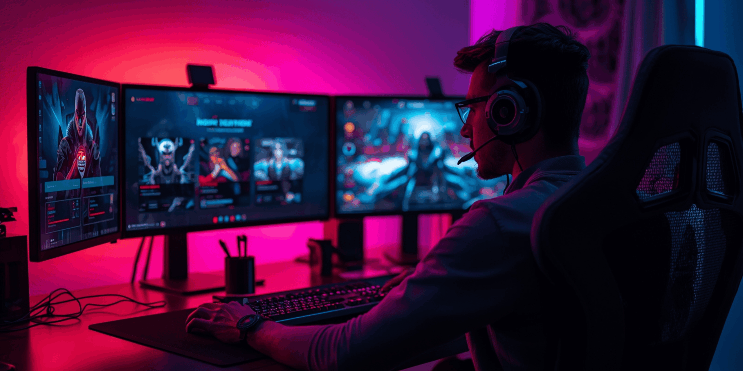 Gamer sedang bermain game online trending di setup modern.