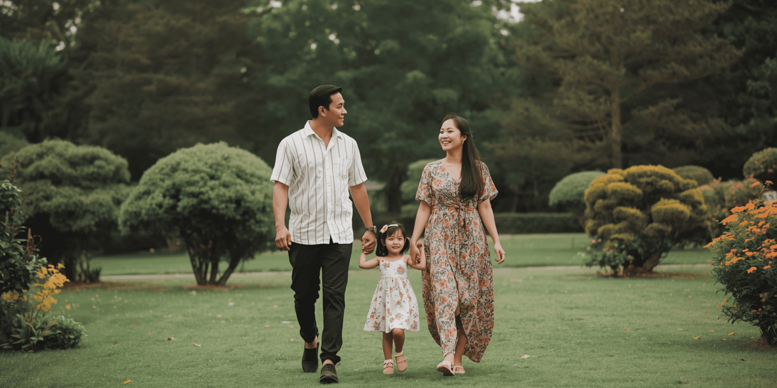 keluarga berjalan santai di taman hijau akhir pekan