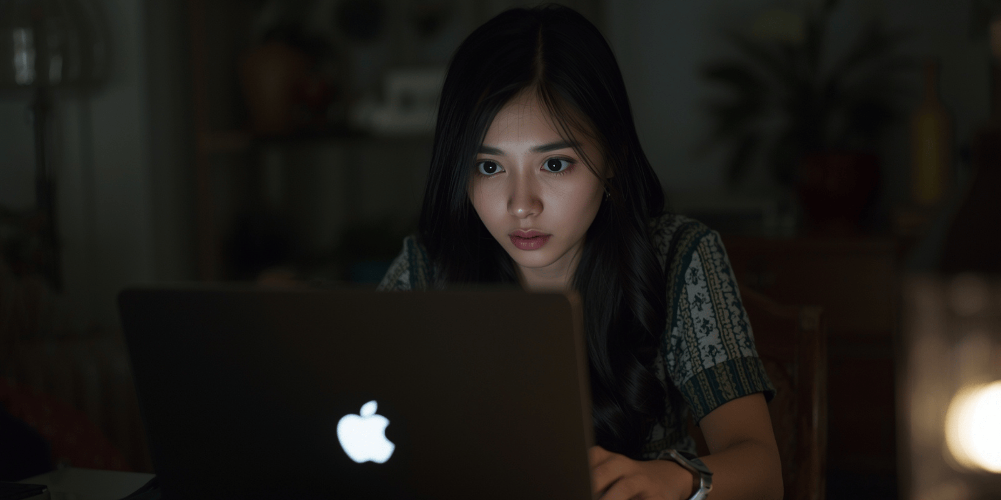 wanita muda menatap layar laptop dengan pencahayaan lembut untuk menjaga kesehatan mata.