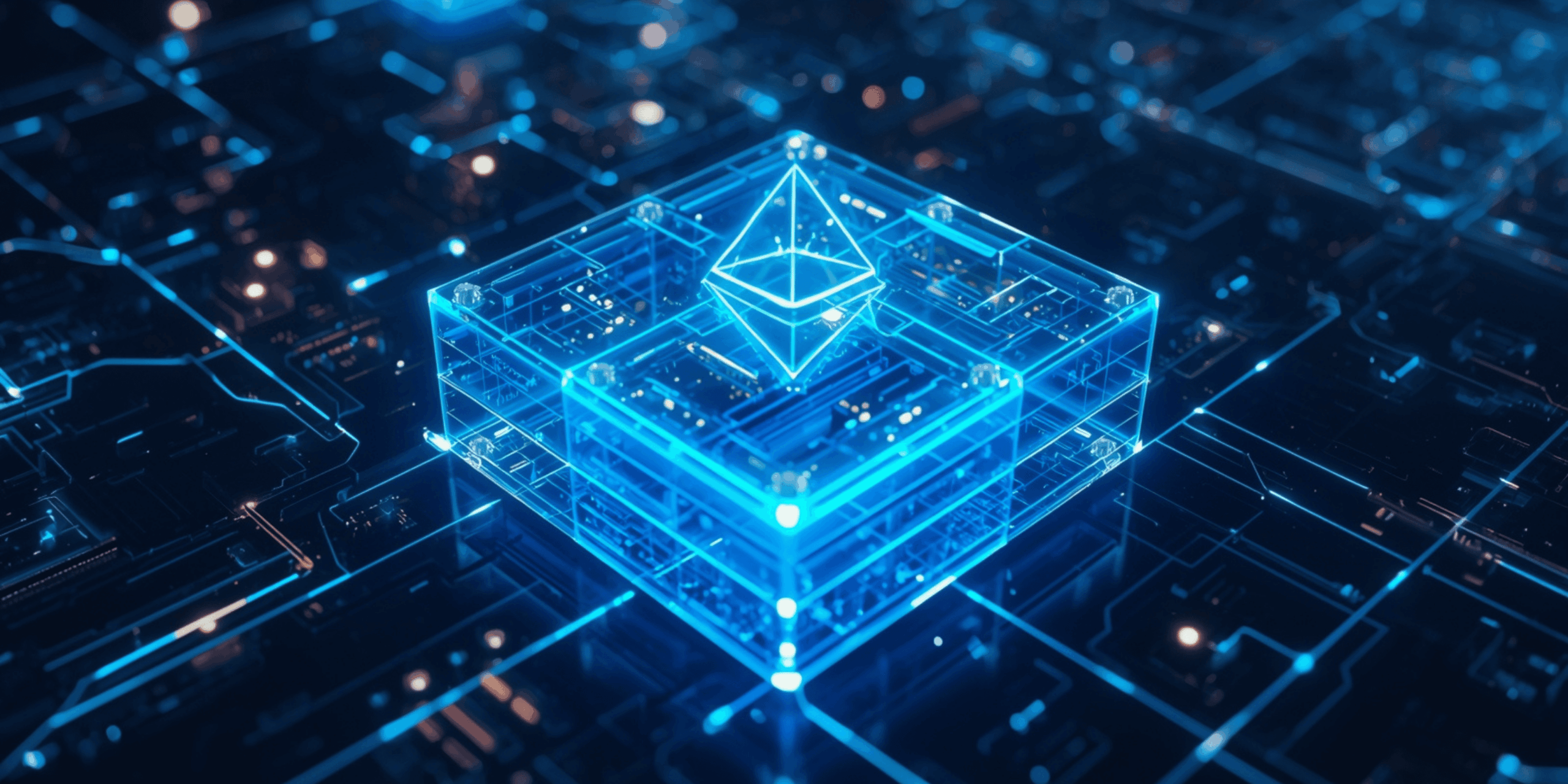 Visualisasi jaringan Layer-2 crypto yang terhubung dengan Ethereum, menampilkan lapisan transparan bercahaya biru menggambarkan teknologi blockchain yang cepat dan efisien.