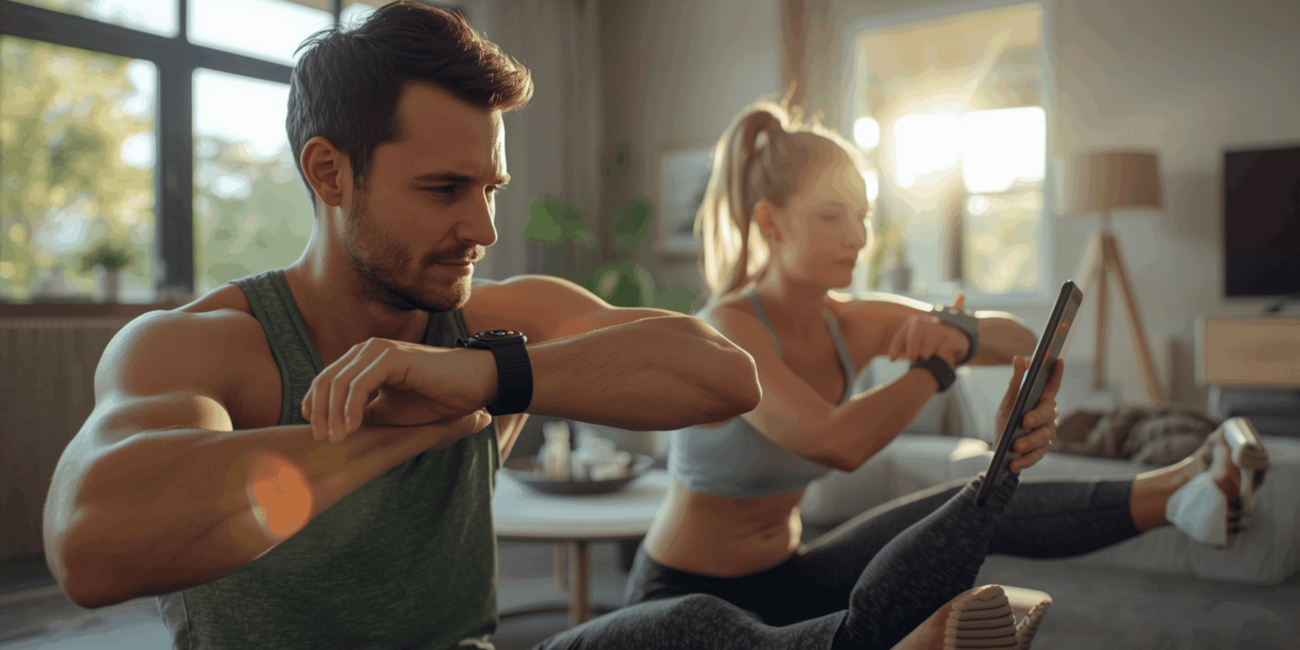 Pria dan wanita berolahraga di rumah menggunakan smartwatch dan aplikasi kebugaran di tablet dalam ruangan modern yang terang.
