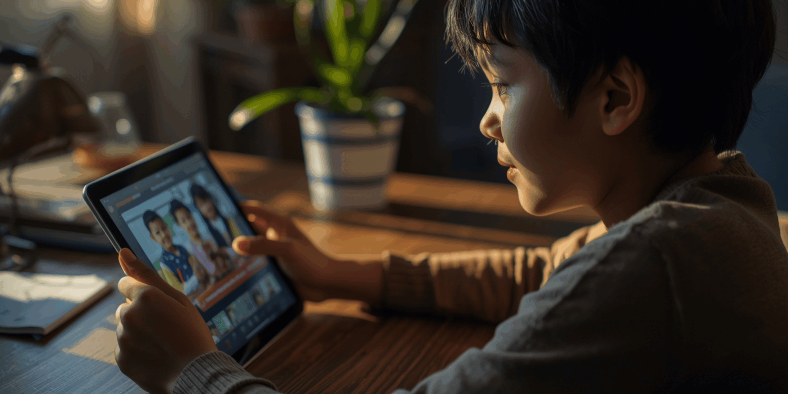 pelajar indonesia belajar dengan aplikasi video, suasana belajar hangat, tablet menampilkan video interaktif