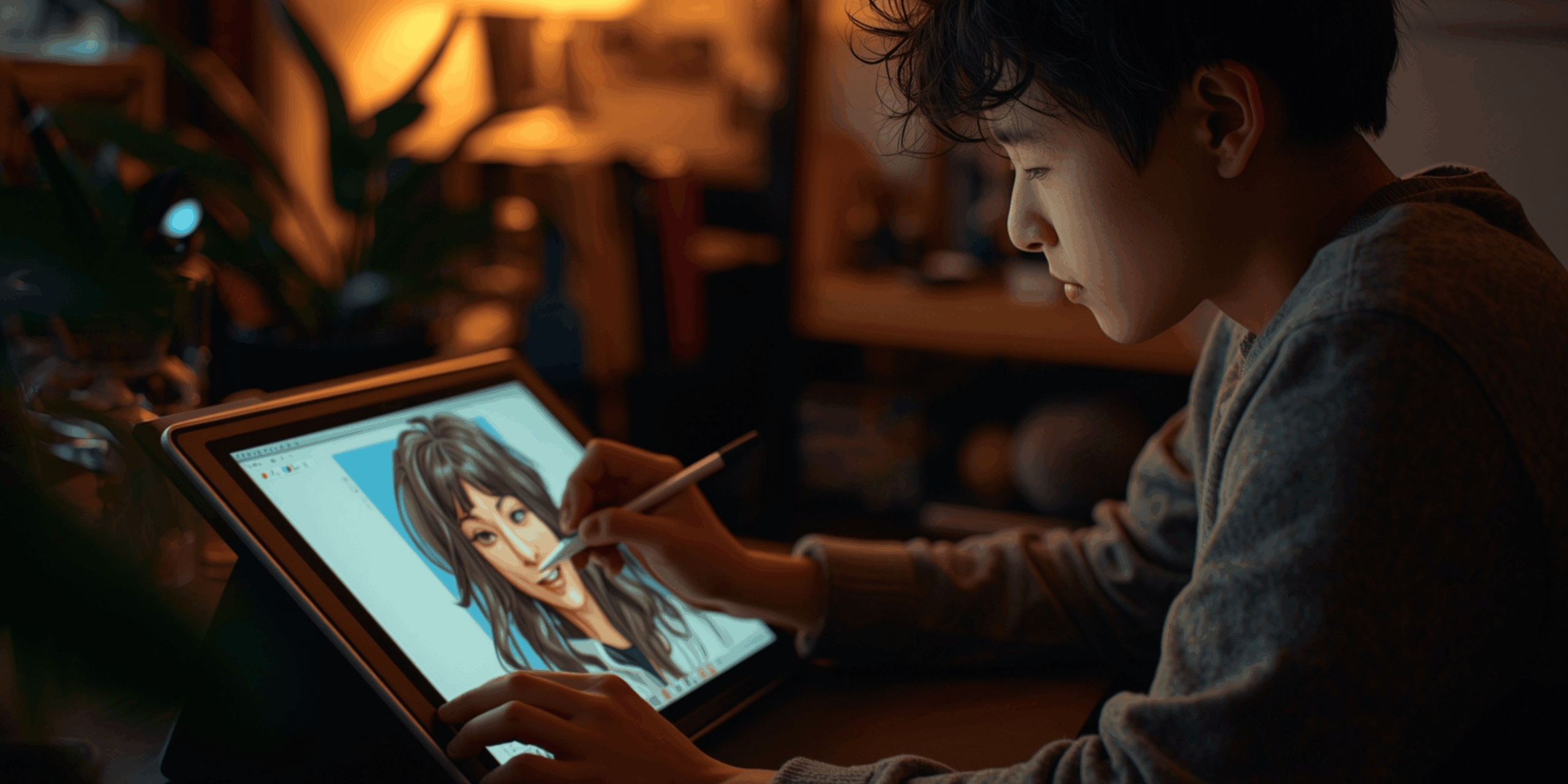 Ilustrator muda sedang menggambar di tablet grafis dengan suasana studio hangat.