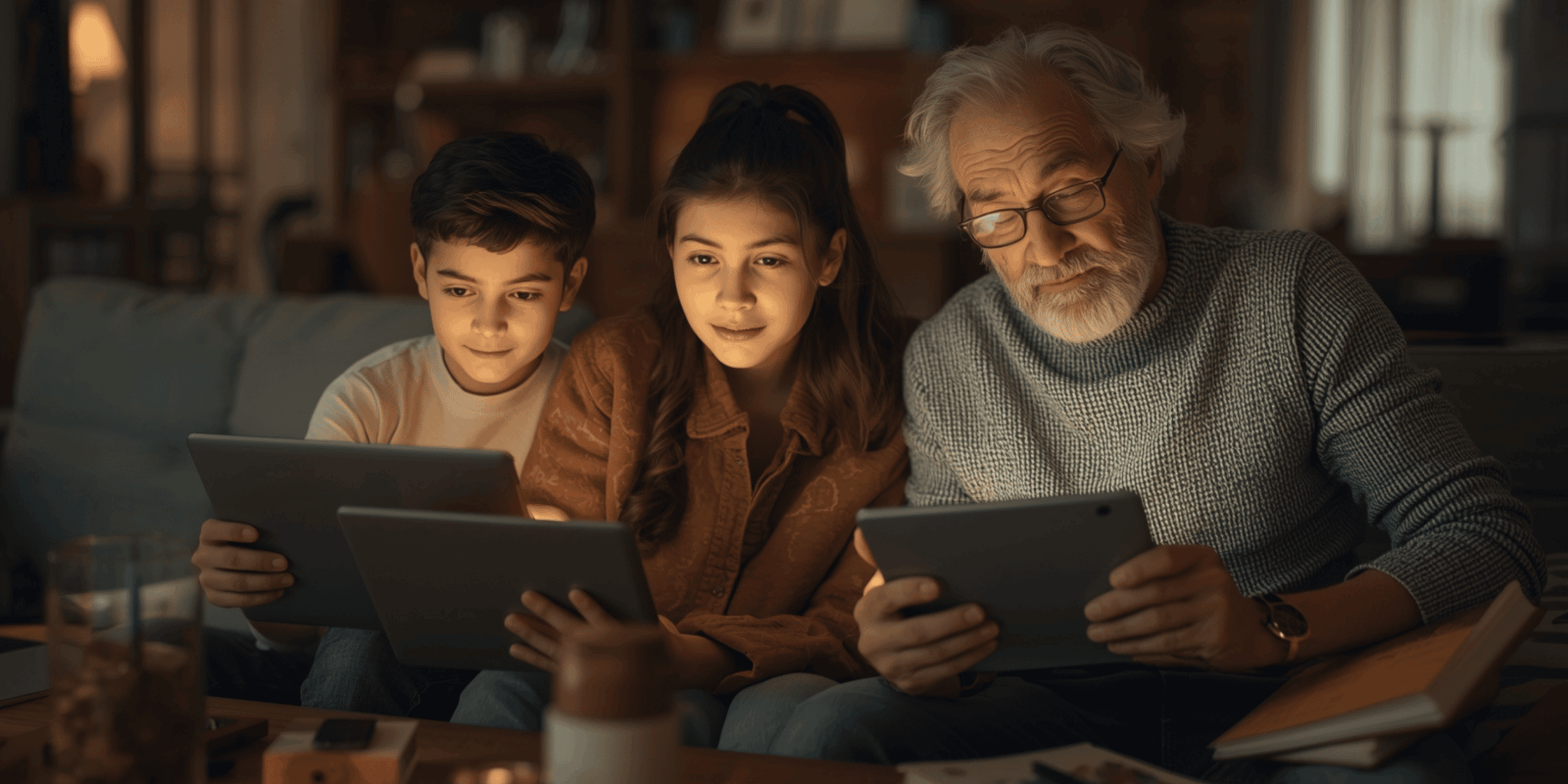 aplikasi belajar semua usia, keluarga belajar bersama, ruang tamu modern