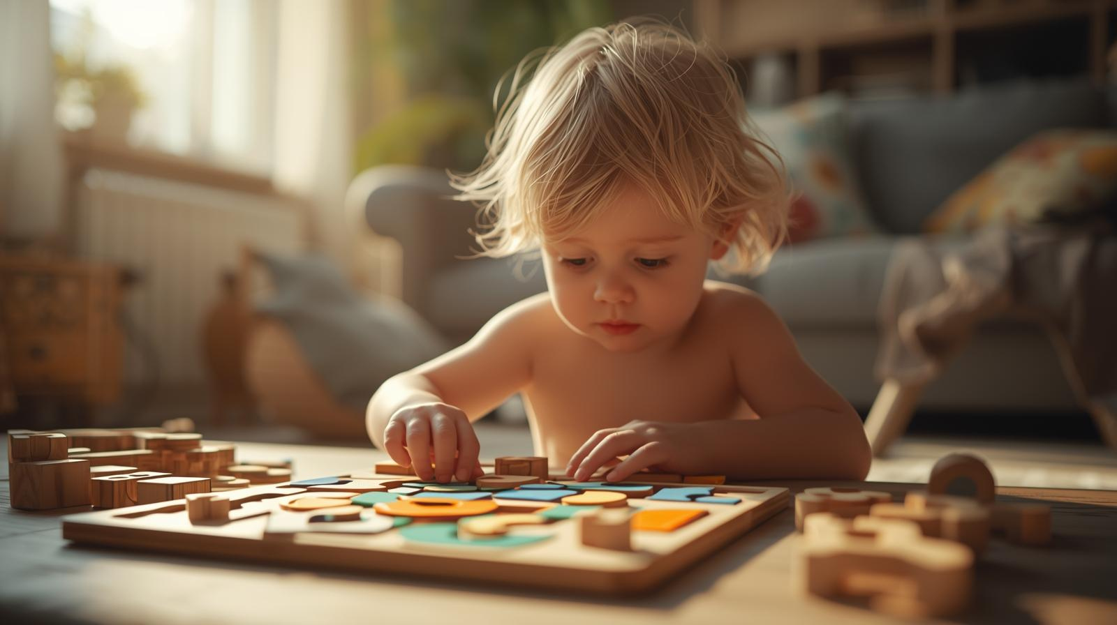 Anak bermain puzzle kayu edukatif di ruang keluarga dengan cahaya alami.