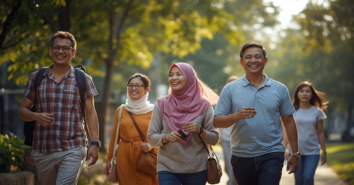 Keluarga Indonesia berjalan santai di taman sebagai bagian dari gaya hidup sehat
