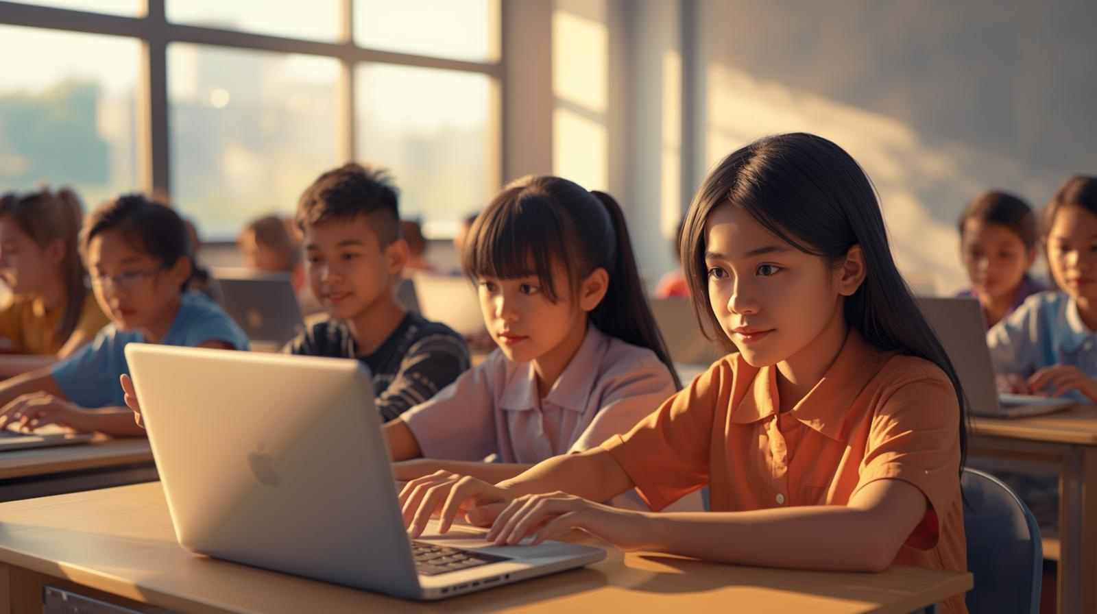 siswa belajar literasi digital dengan perangkat modern