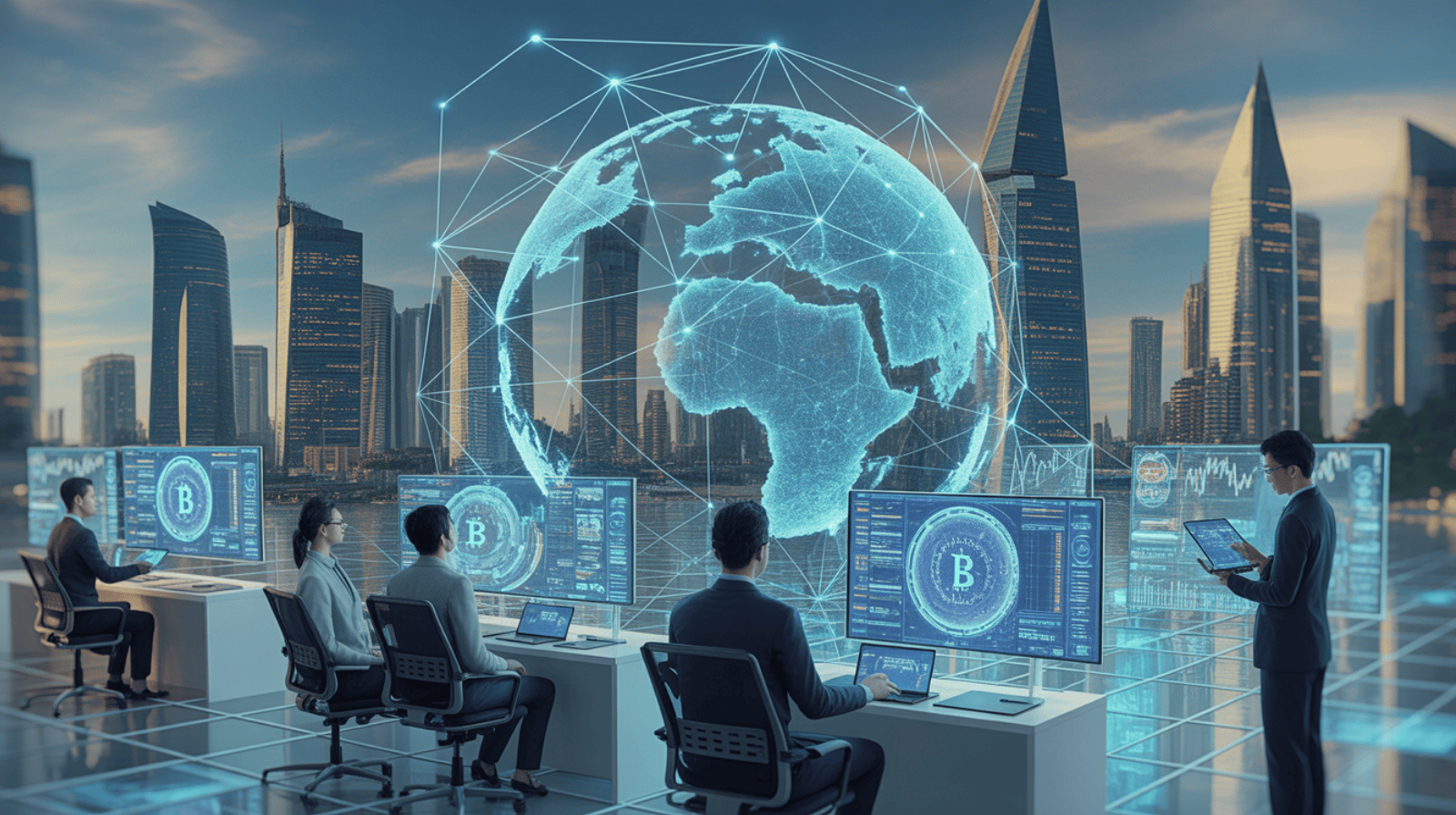 Visual masa depan crypto dengan jaringan blockchain dan kota digital modern