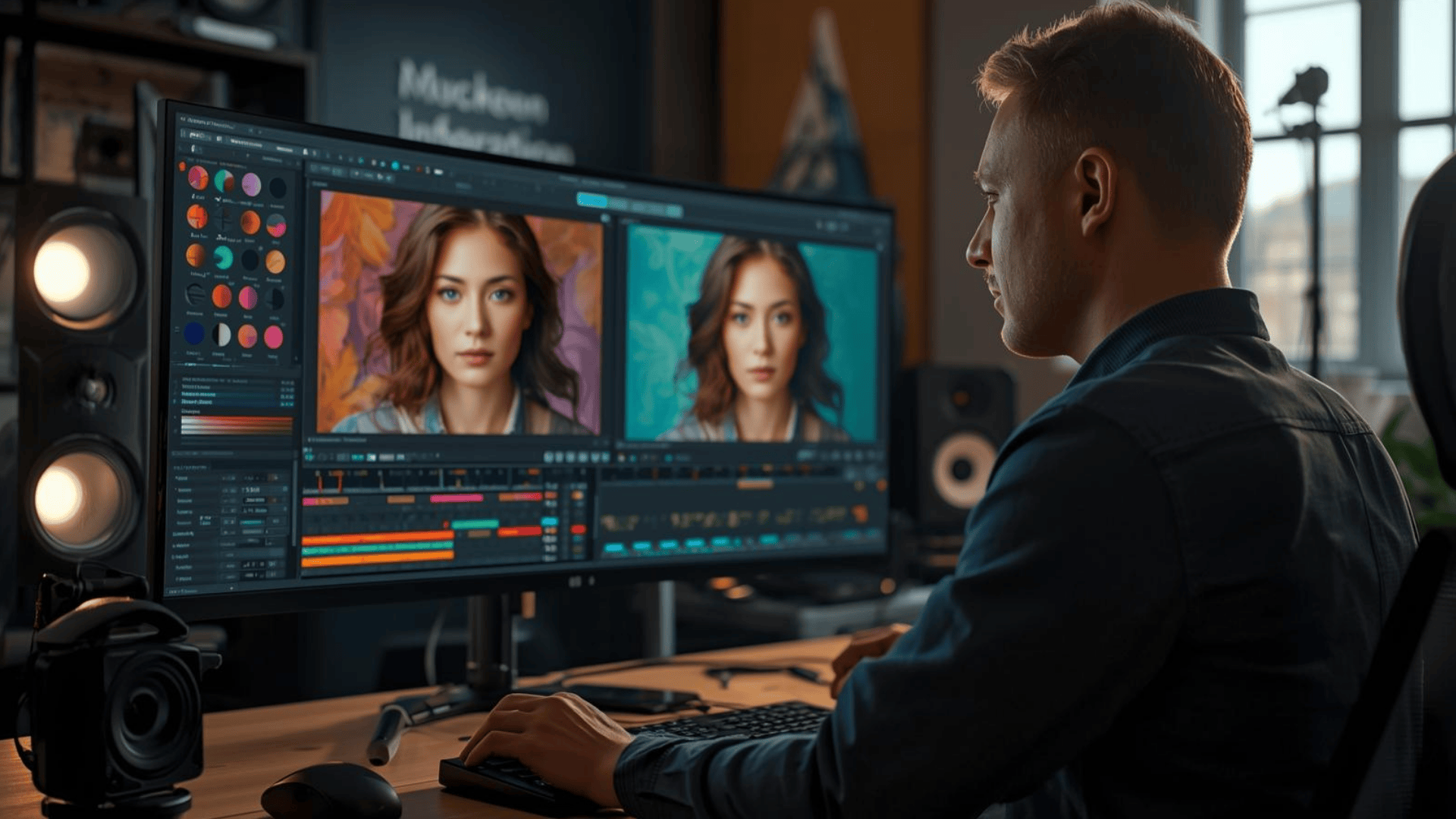 Editor profesional sedang melakukan editing warna di studio modern