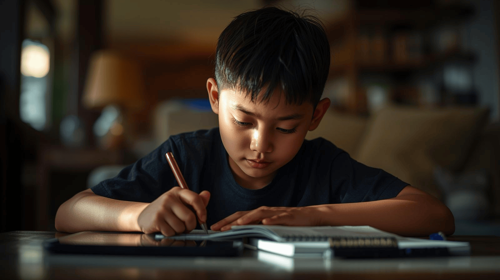 Anak Indonesia belajar di rumah menggunakan tablet dan buku tulis